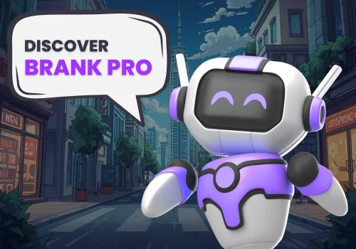 3D AI robot urging users to 'DISCOVER BRANK PRO' and place their AI Search Campaigns order.
