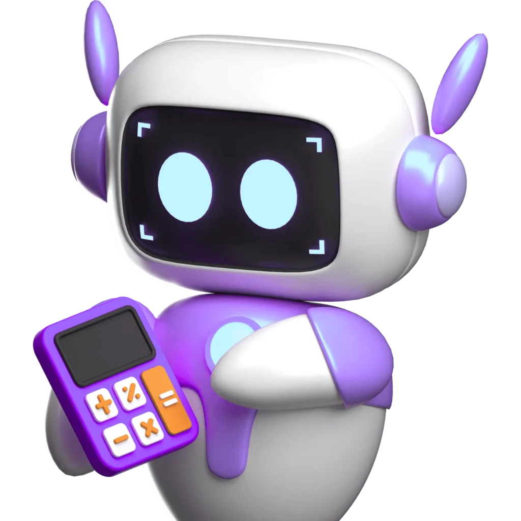 Friendly 3D robot with purple details holding a small purple-and-orange calculator, representing affiliate earnings and AI visibility metrics.
