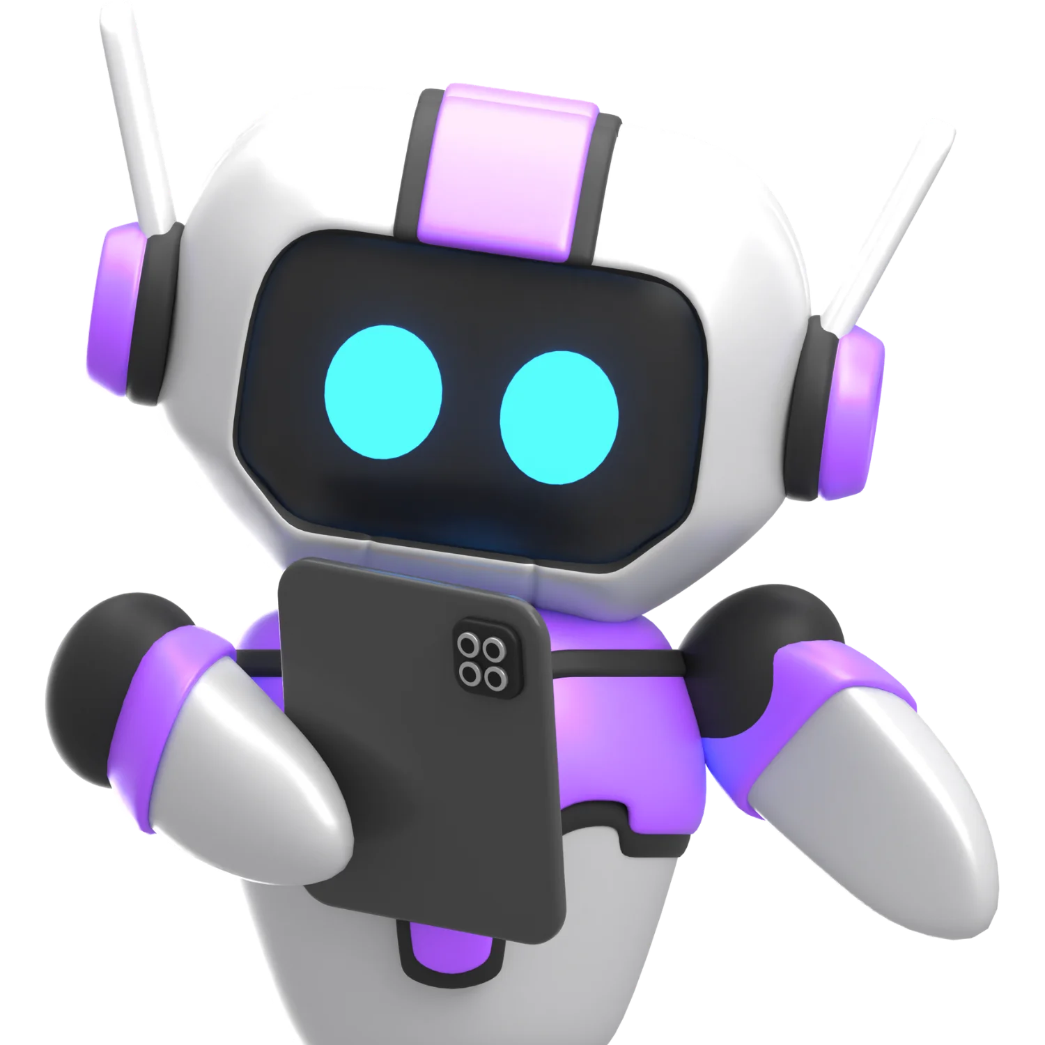A 3D cartoon robot with cyan eyes holding a smartphone, white and purple accents, looking at the screen on a white background