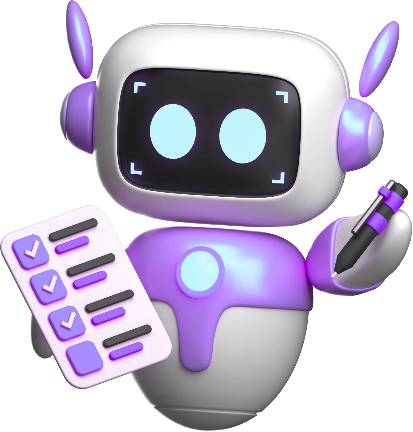 3D purple-and-white robot holding a checklist and pen, ticking items to join an affiliate program focused on AI visibility.
