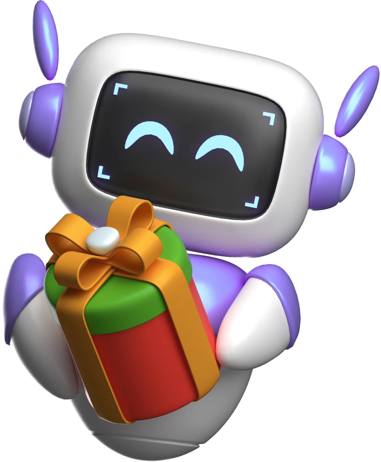 Smiling 3D robot with purple accents holding a wrapped gift with a golden bow.