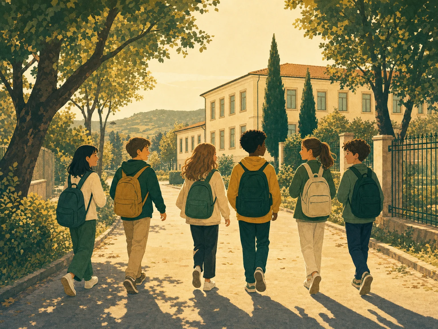 Bambini che vanno a scuola insieme con lo zaino