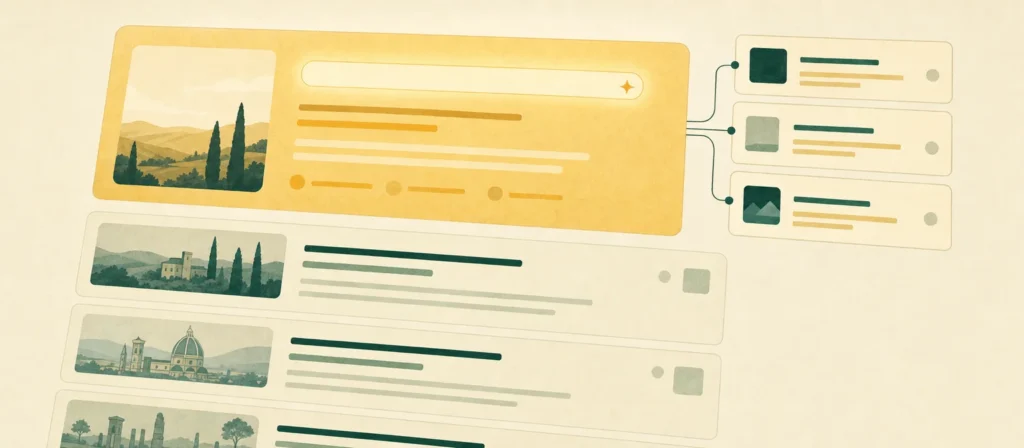Pagina di ricerca con il riassunto dell'IA in alto e le fonti citate