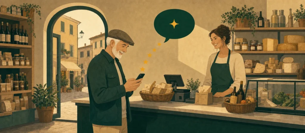 Cliente soddisfatto al bancone che lascia una recensione a cinque stelle