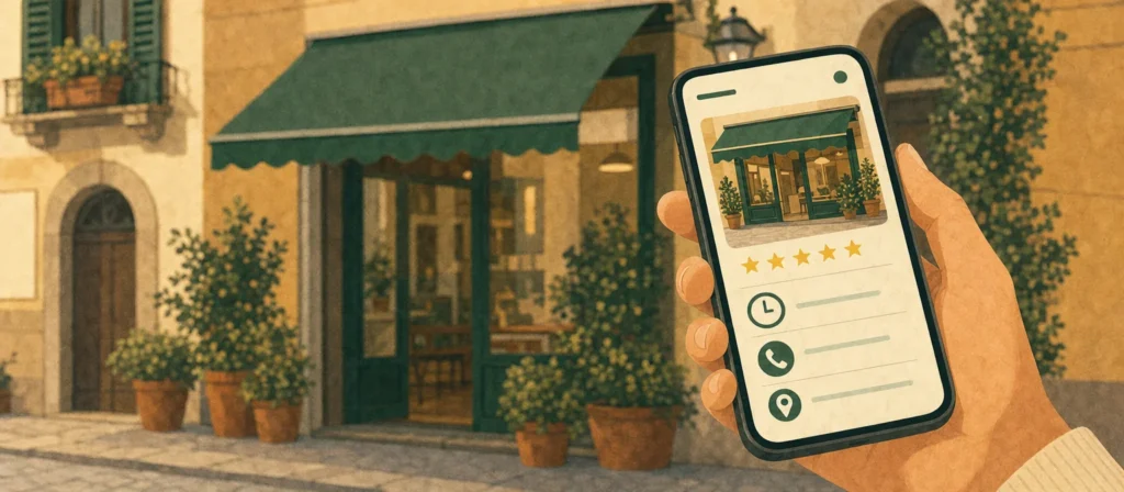 Telefono con la scheda di un negozio: stelle, orari e posizione