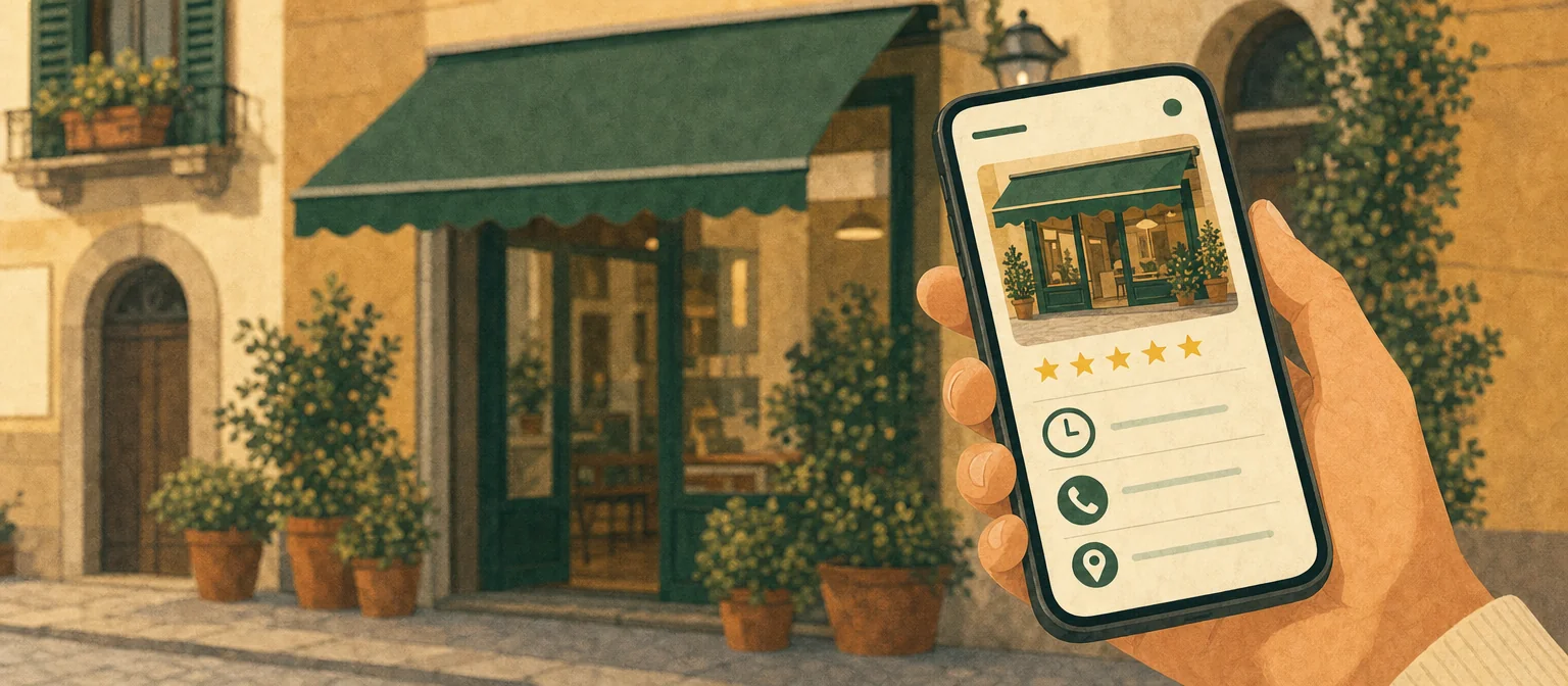 Telefono con la scheda di un negozio: stelle, orari e posizione