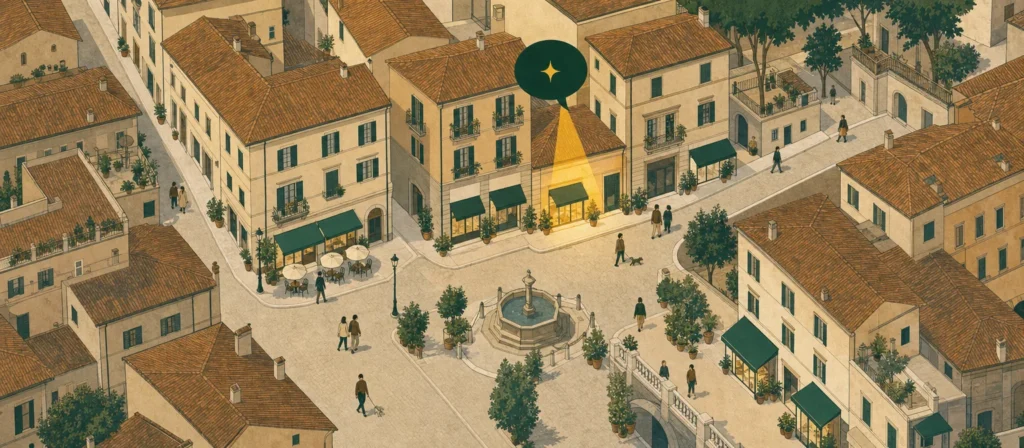 Mappa di un quartiere italiano con un negozio illuminato dall'IA