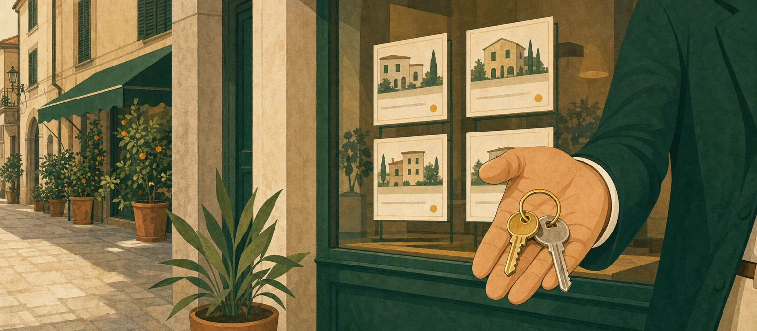Mano che consegna le chiavi di casa davanti alla vetrina di un'agenzia immobiliare