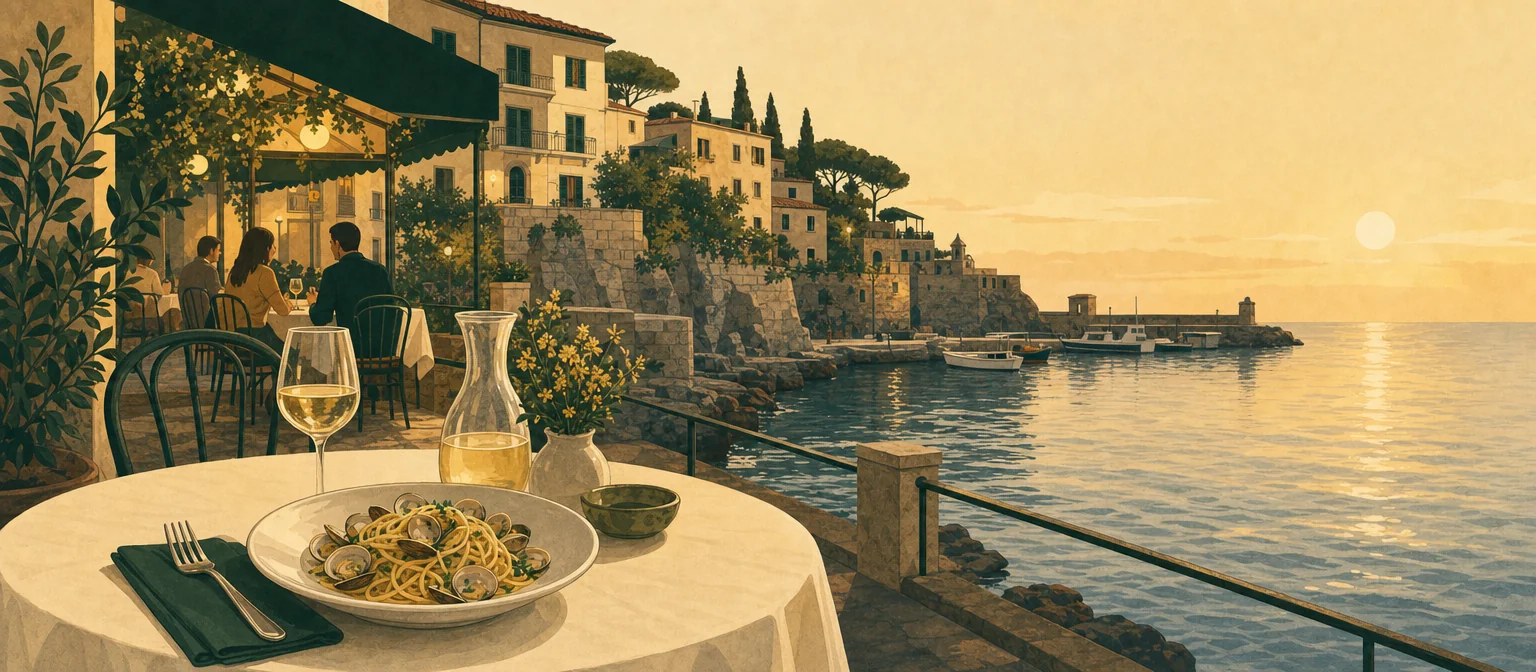 Tavola apparecchiata sulla terrazza di un ristorante di pesce al tramonto